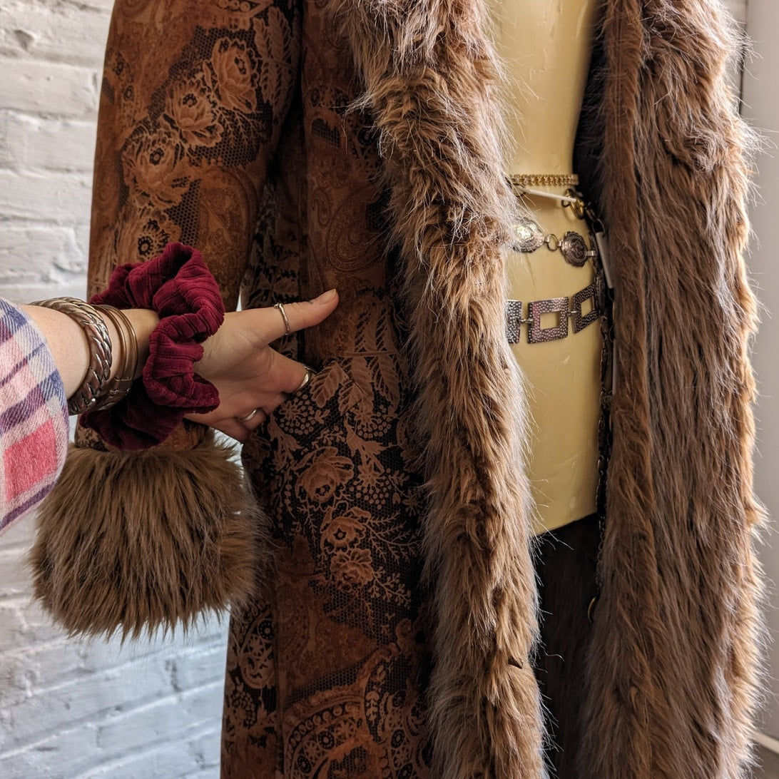 90s Vintage Penny Lane Groovy Faux Fur Jacket S Boho Afghan Tapestry Trench Coat