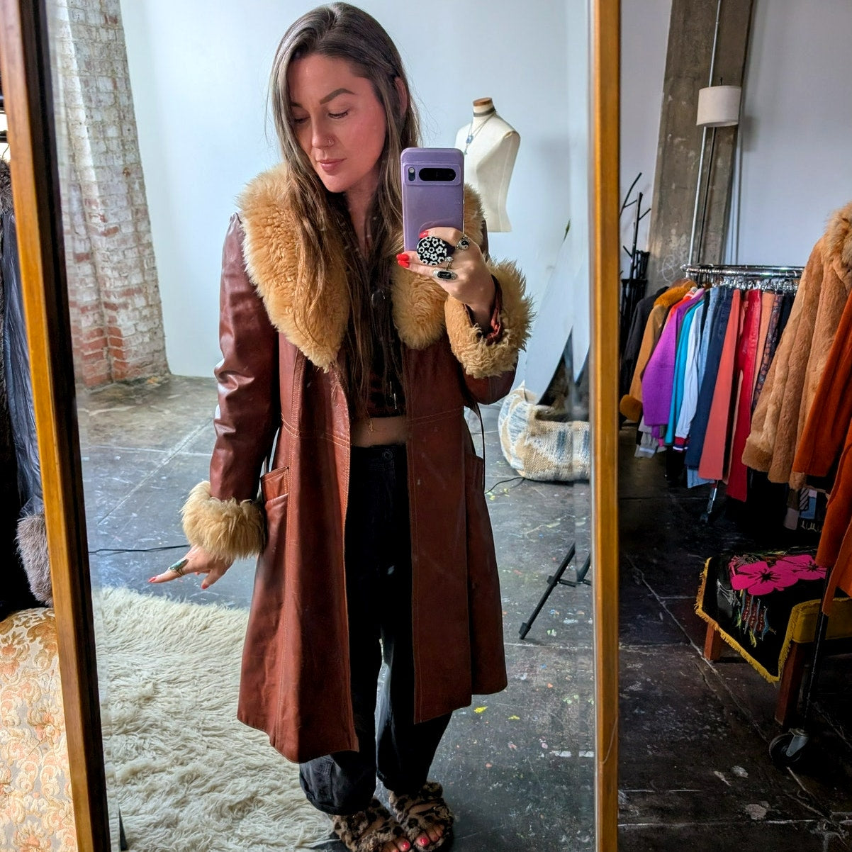 Vintage Leather Jacket Red Brown 70s Penny Lane Trench Coat Afghan Fur Medium