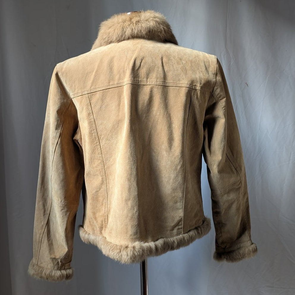 Y2K Vintage Suede Fur Trim Coat L Cropped Neutral Leather Penny Lane Jacket Boho