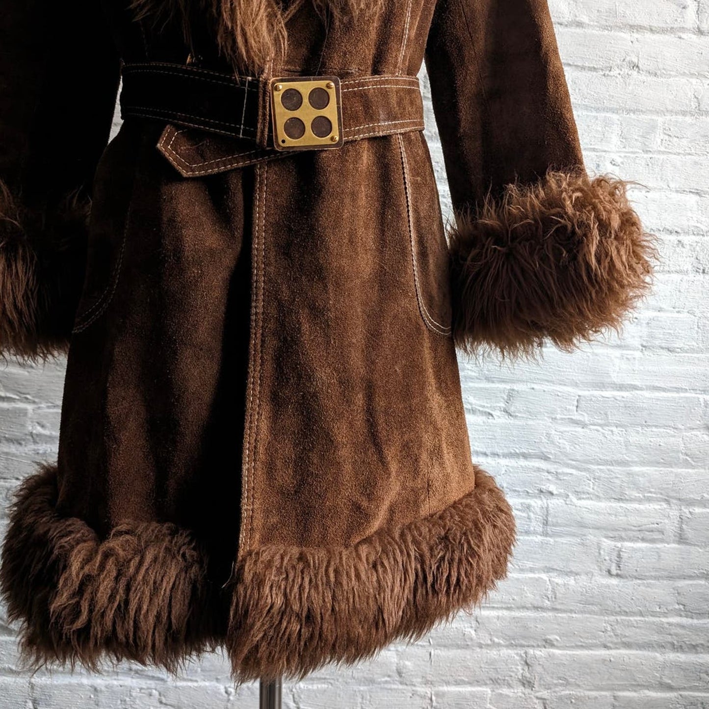 Vintage Penny Lane Fur Furry Genuine Suede Leather Groovy Mod Trench Coat Jacket
