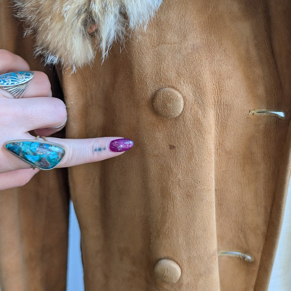 Vintage Brown Suede Fur Trim Penny Lane Jacket Furry Leather Trench Coat Medium