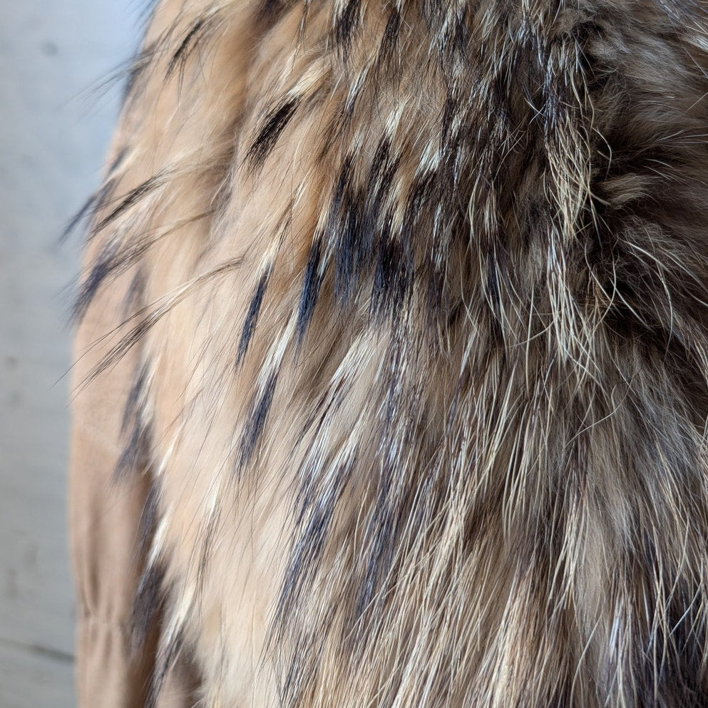 Vintage Tan Genuine Suede Raccoon Fur Trim Coat Leather Mini Trench Jacket