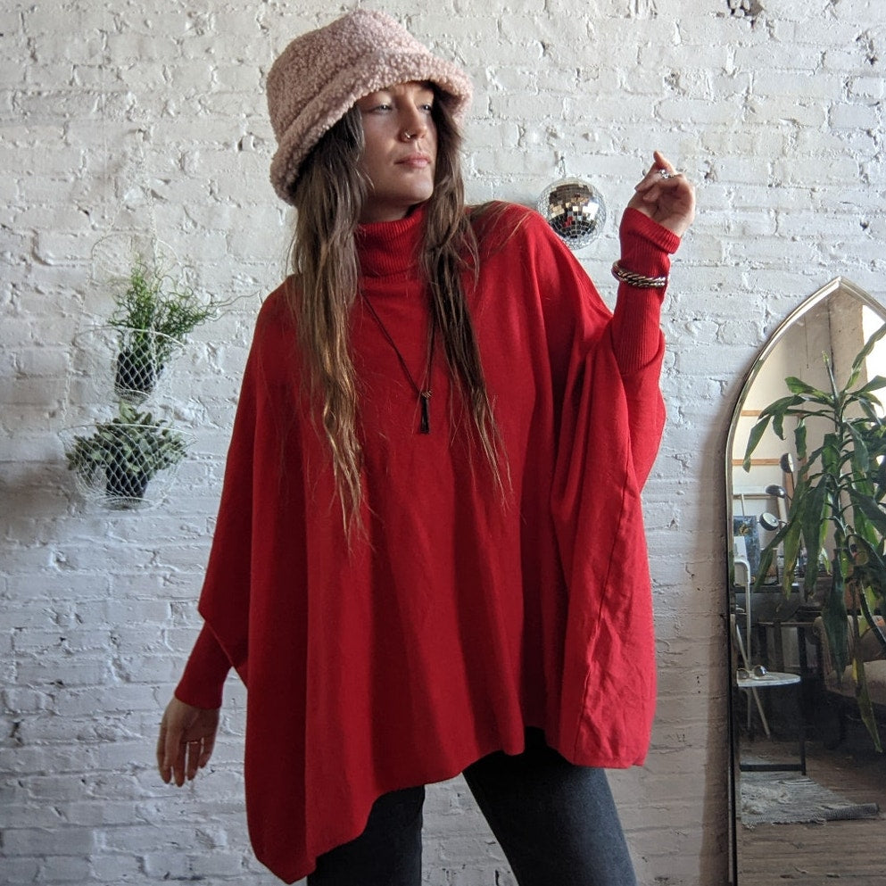 Retro Red Turtleneck Poncho Sweater Oversized Dolman Boho Grunge Cherry Large