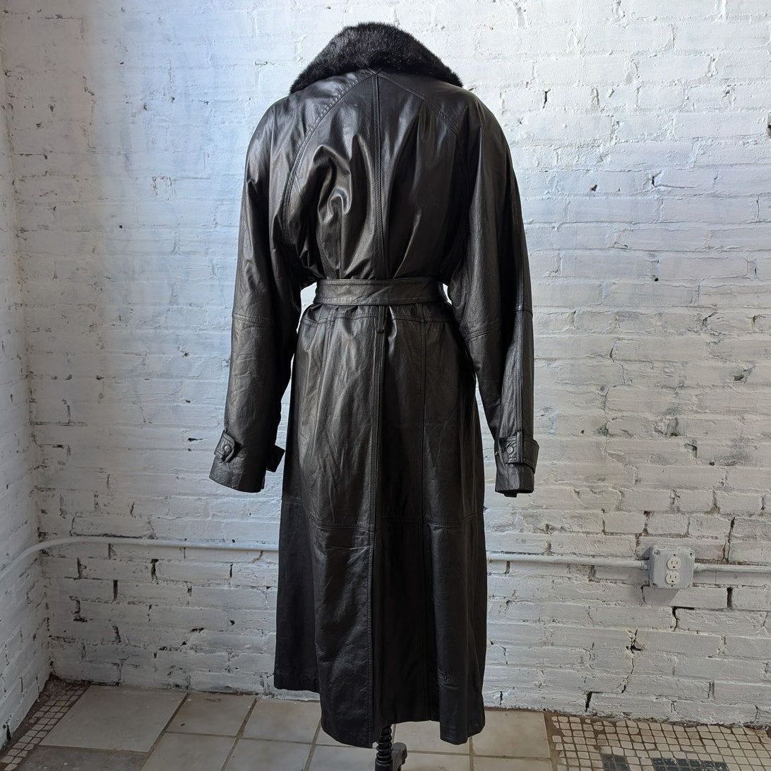 Vintage Black Leather Penny Lane Coat Faux Fur Trench Minimalist Goth Jacket