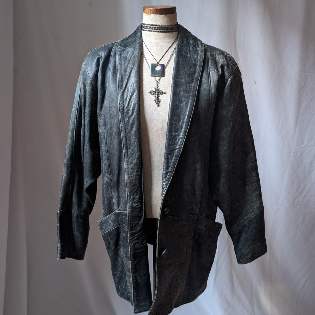 90s Vintage Black Leather Trench Coat L Slouchy Model Off Duty Leather Jacket