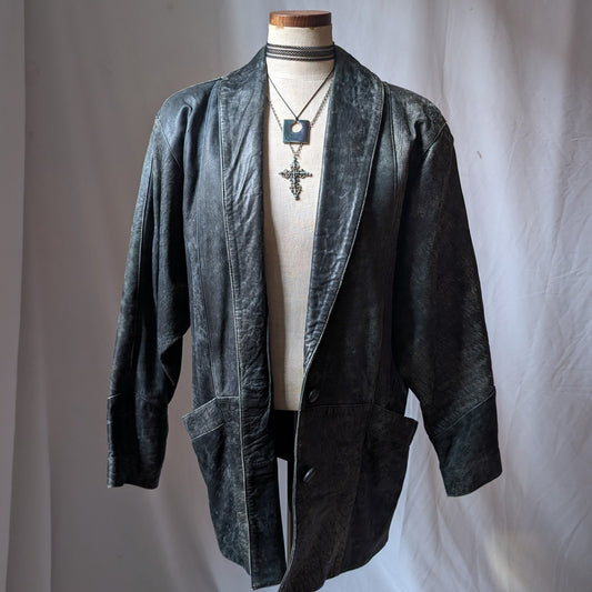 90s Vintage Black Leather Trench Coat L Slouchy Model Off Duty Leather Jacket