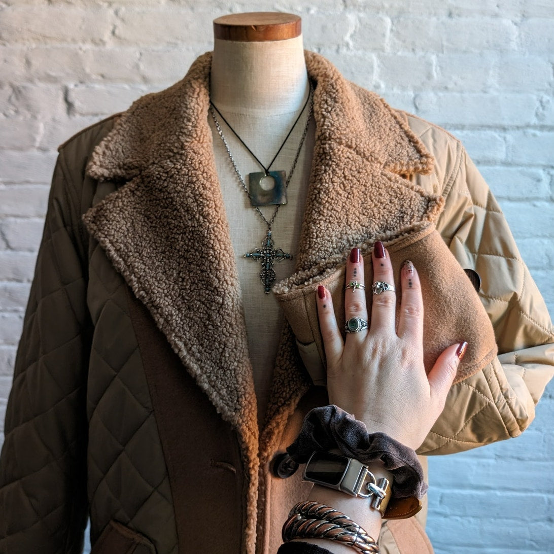 Brown Faux Fur Coat Teddy Jacket Quilted Puffer Coat Designer Reversible Large