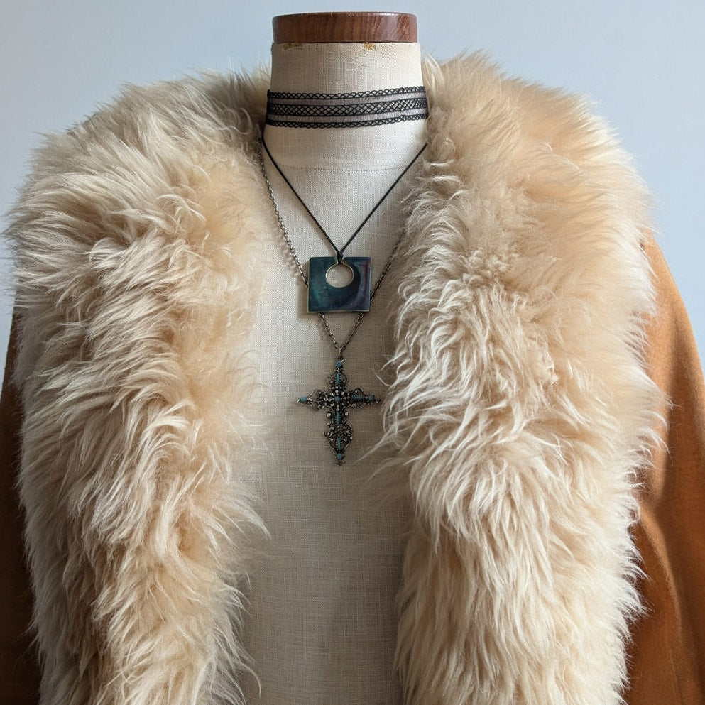 Vintage Tan Brown Suede Penny Lane Jacket Fur Furry Leather Trench Coat Small
