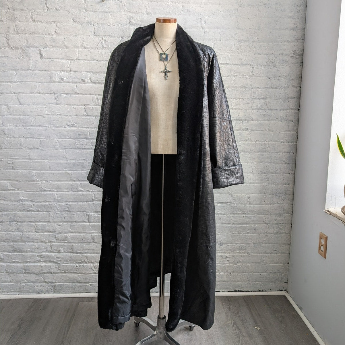 Vintage Black Leather Faux Fur Trench Coat Penny Lane Grunge Snakeskin Jacket