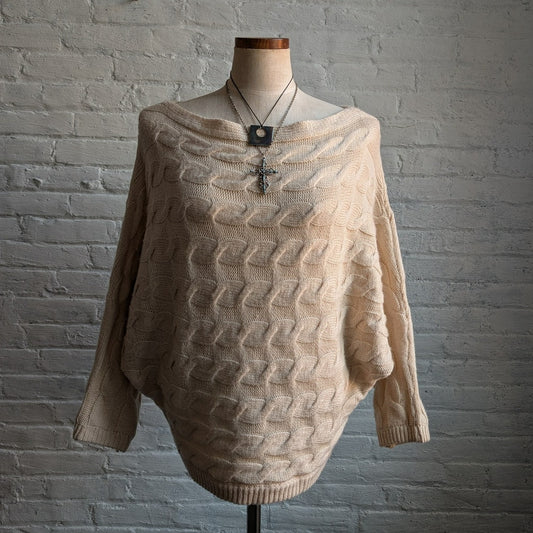 Y2K Mohair Cream Chunky Cable Knit Sweater Hippie Boho Woven Femme Neutral Top