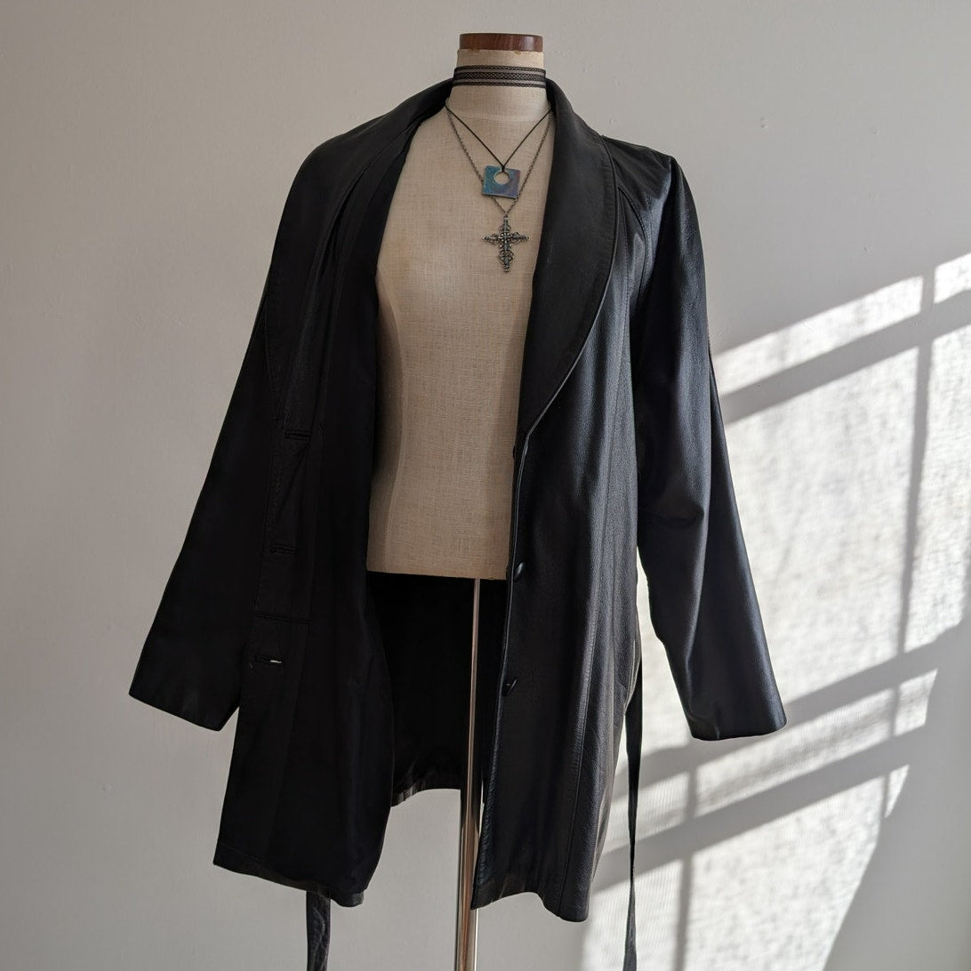 Vintage Black Leather Jacket Leather Trench Coat Minimalist Goth Duster Large XL