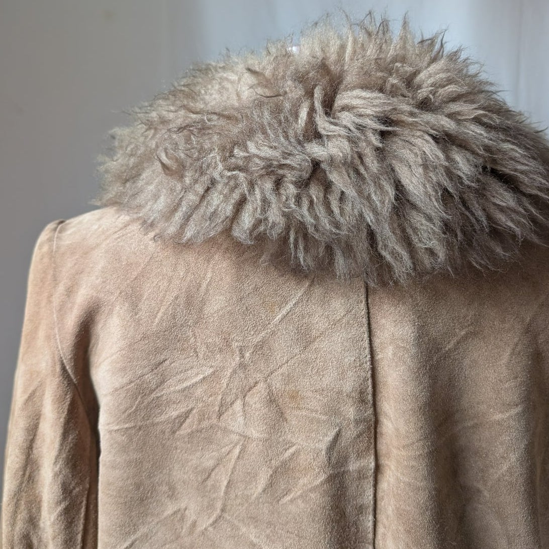 Vintage Brown Suede Fur Trim Afghan Coat L 70s Leather Penny Lane Coat Neutral