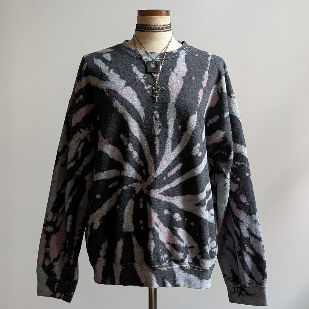 Vintage Black Custom Bleach Sweatshirt Distressed Tie Dye Festival Sweater Large