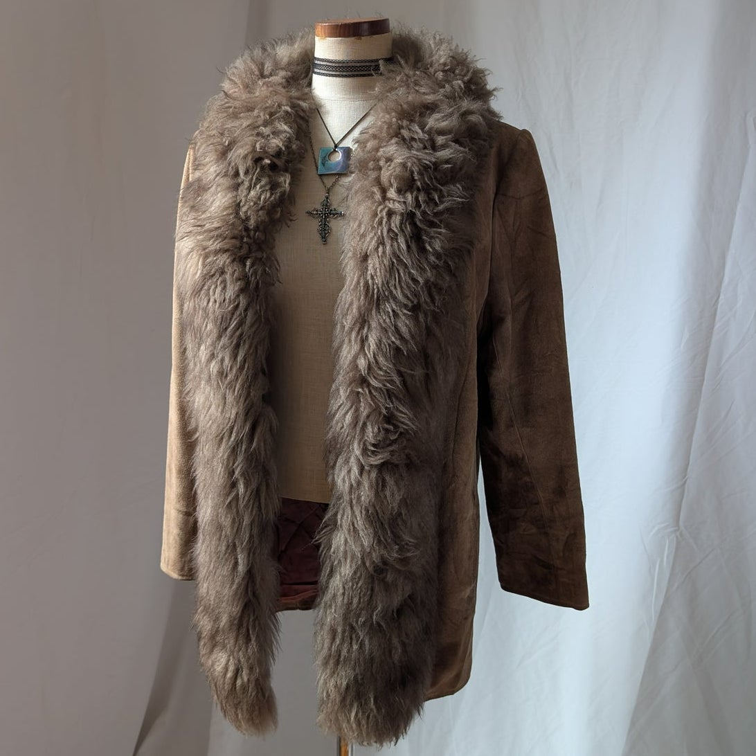 Vintage Brown Suede Fur Trim Afghan Coat L 70s Leather Penny Lane Coat Neutral