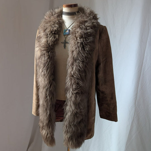 Vintage Brown Suede Fur Trim Afghan Coat L 70s Leather Penny Lane Coat Neutral