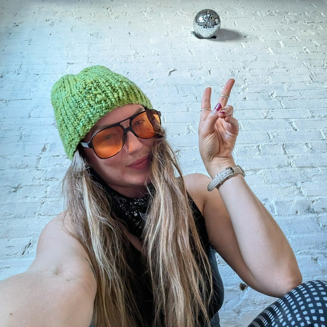 Vintage Chunky Knit Lime Green Beanie Y2K Crochet Cute Preppy Indie Festival Hat