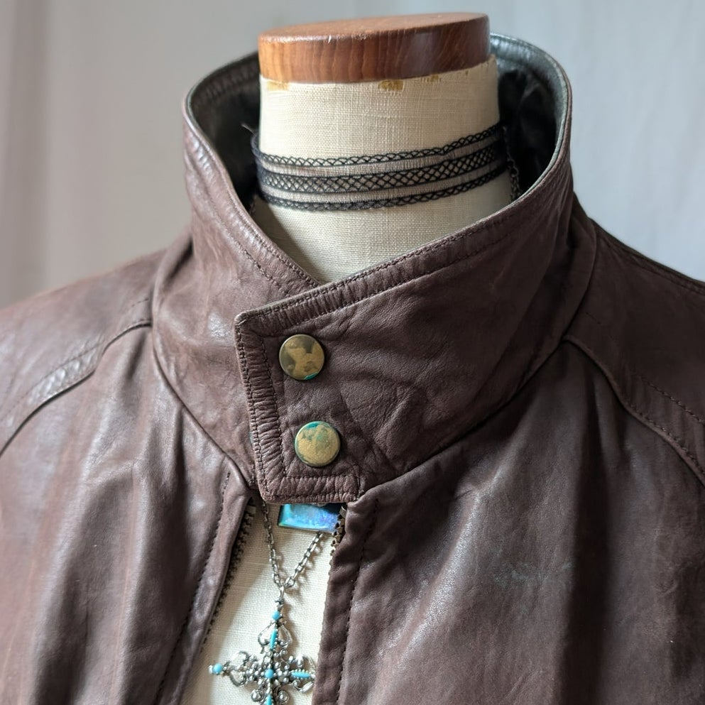 Vintage 90s Brown Leather Bomber Jacket L Slouchy Oversized Quilted Leather Coat