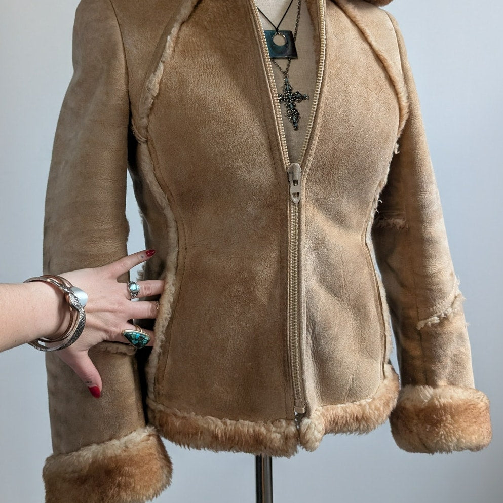 Vintage Tan Suede Shearling Coat Brown Wool Jacket Boho Chic Fur Coat Hood XS