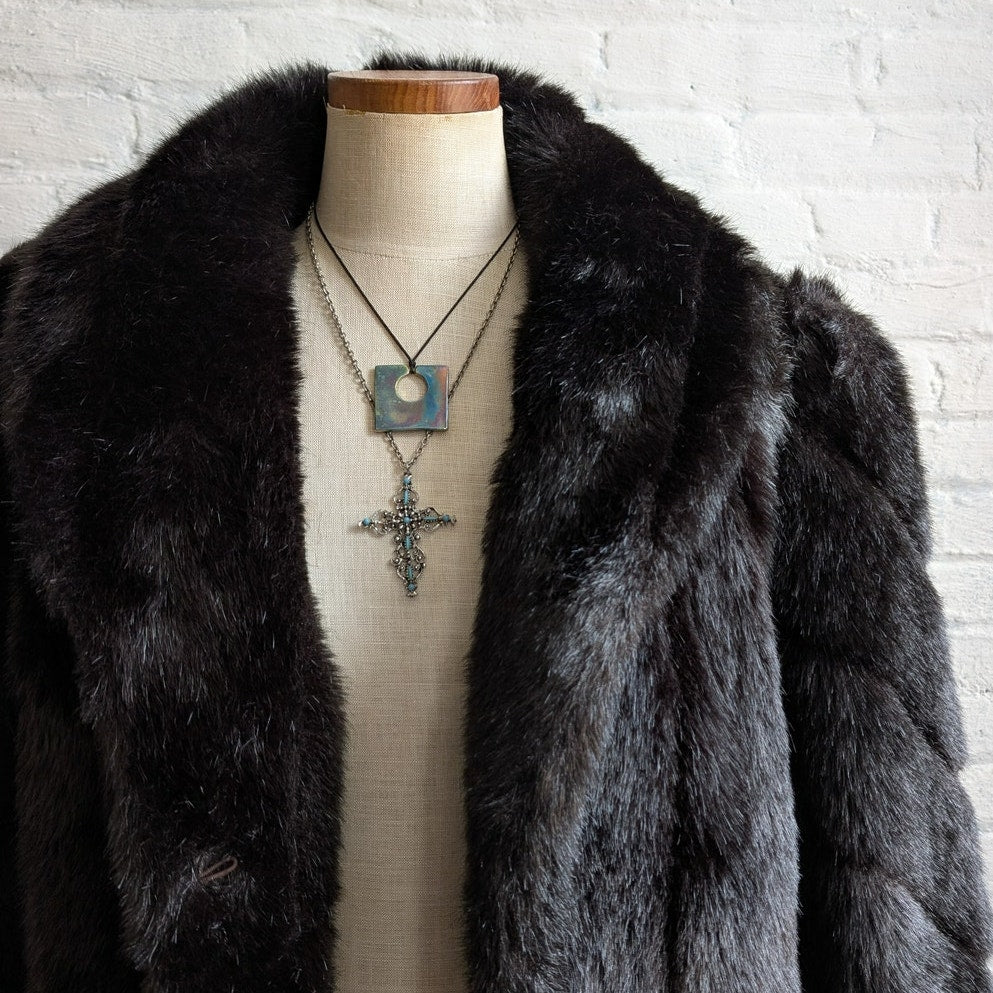 Vintage Black Faux Fur Coat Shaggy Mob Wife Grunge Minimalist Glam Cozy Jacket