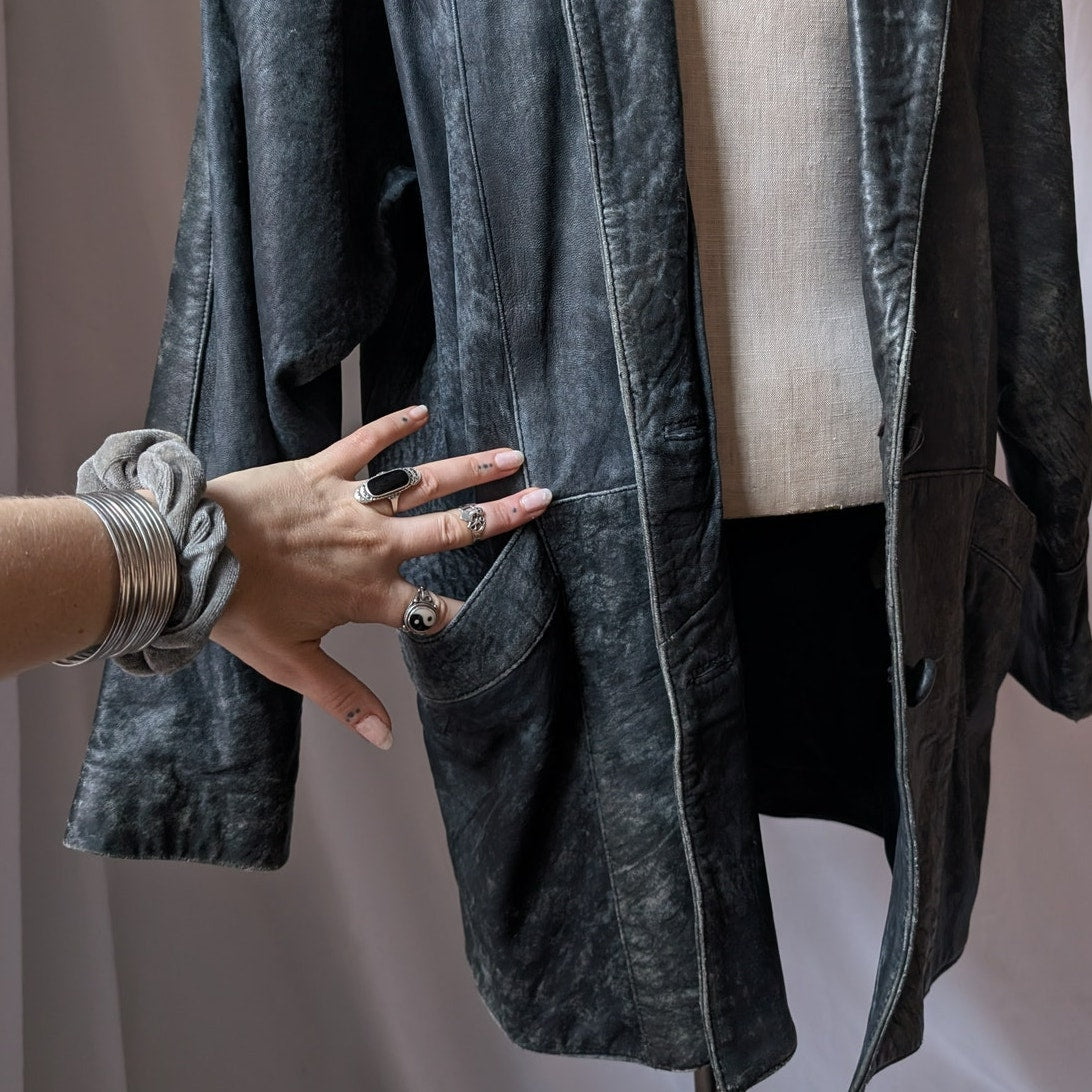 90s Vintage Black Leather Trench Coat L Slouchy Model Off Duty Leather Jacket