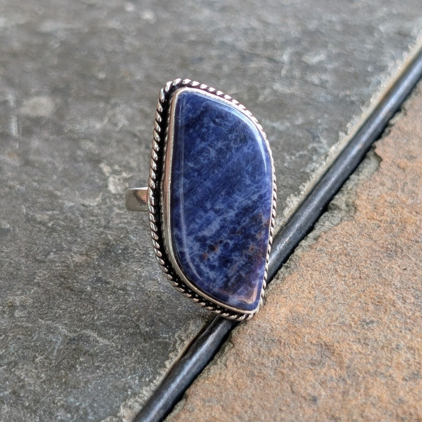 Vintage Silver Chunky Statement Ring Sz 8 Navy Blue Moody Groovy Southwest