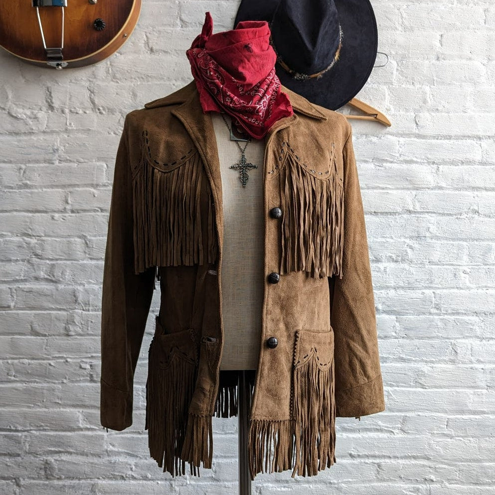 Vintage Brown Suede Fringe Jacket Classic Western Cowboy Genuine Leather Coat