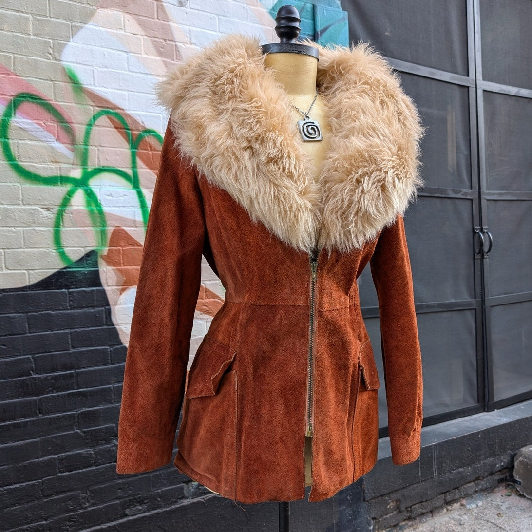 70s Penny Lane Groovy Suede Fur Jacket Furry Genuine Leather Mod Trench Coat
