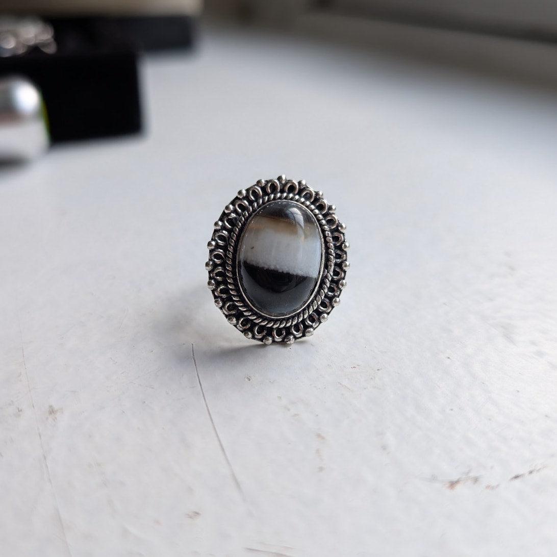 Oval Black Statement Ring Sterling Silver Ring Vintage Boho Natural Stone 7.5