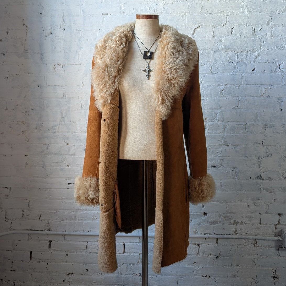 Vintage Orange Suede Penny Lane Fur Jacket Groovy Boho Furry Western Trench Coat