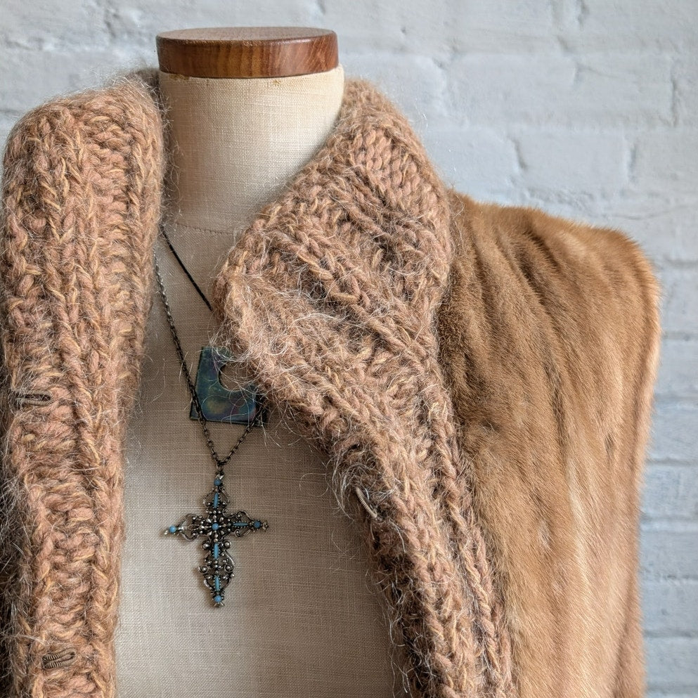Vintage Chunky Knit Mink Fur Coat Mohair Sweater Vest Minimalist Boho Jacket