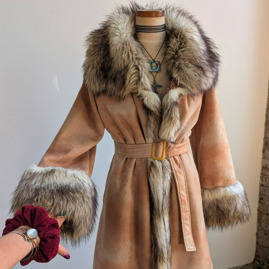 Vintage Brown Vegan Suede Penny Lane Jacket Y2K Tan Faux Fur Afghan Coat Small