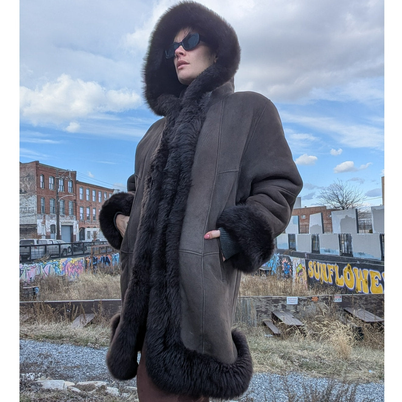 Vintage Brown Suede Fur Jacket Penny Lane Fur Furry Leather Groovy Trench Coat