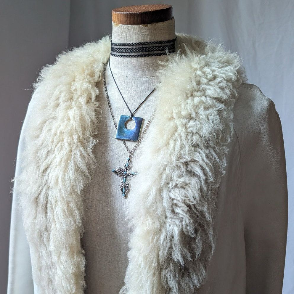 70s White Leather Penny Lane Coat L Vintage Afghan Jacket Boho Wedding Fur Coat