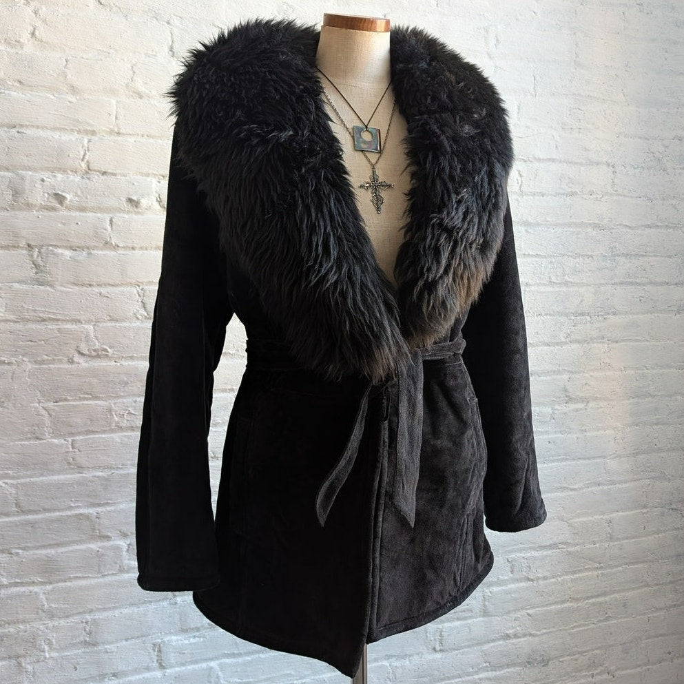 Vintage Black Suede Penny Lane Coat Fur Mini Trench Minimalist Goth Furry Jacket