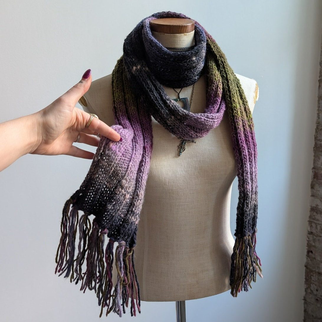 Vintage Chunky Knit Purple Green Stripe Scarf Grunge Earthy Fringe Boho Y2K Wrap