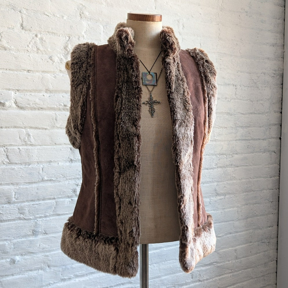 Y2K Vintage Brown Suede Fur Vest Penny Lane Fuzzy Leather Groovy Boho Moto Coat