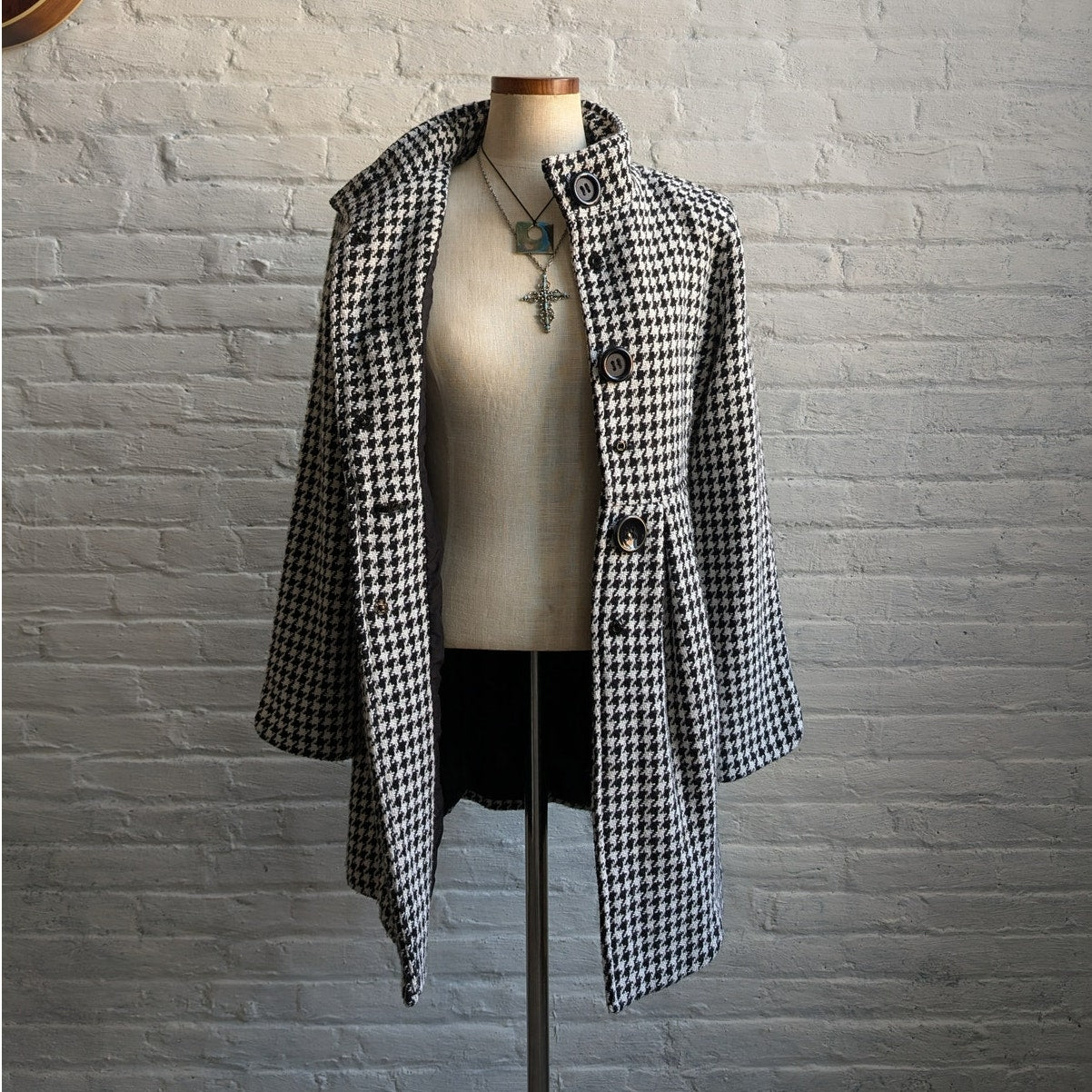 Y2K Vintage Houndstooth Wool Flared Jacket Woven Knit Preppy Whimsygoth Peacoat