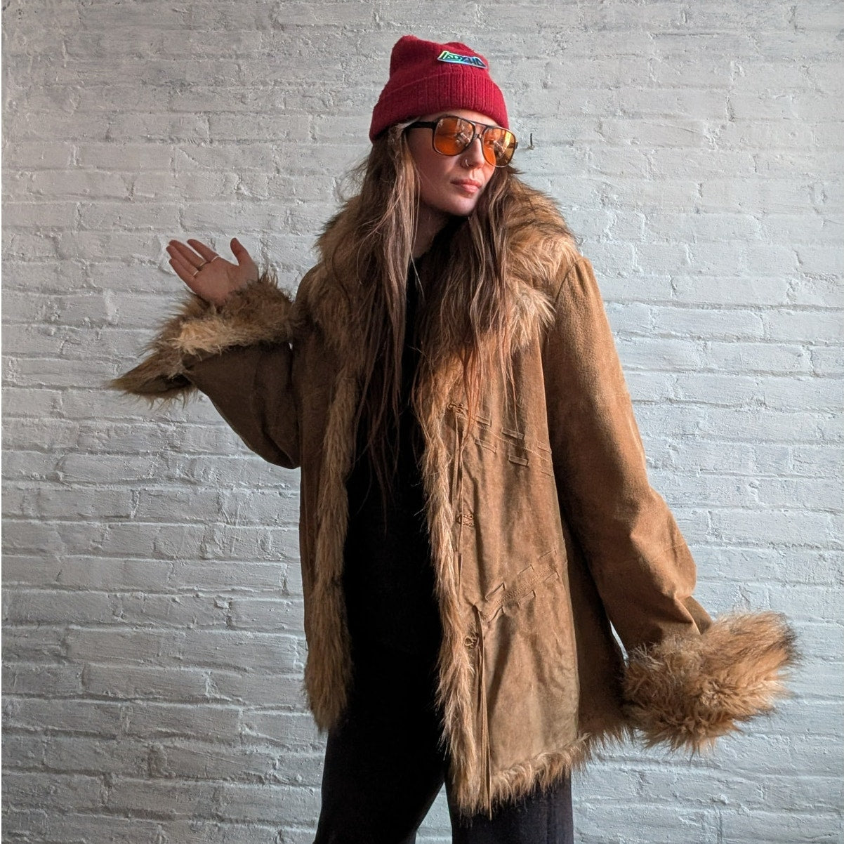 Vintage Brown Suede Penny Lane Jacket Afghan Faux Fur Groovy Leather Trench Coat