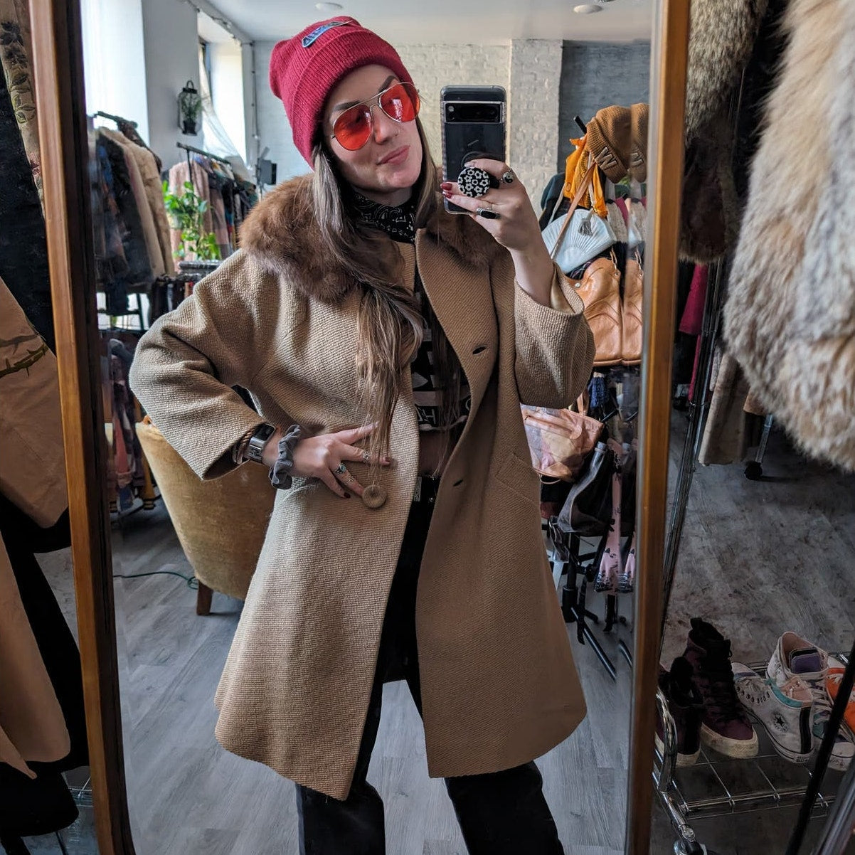 Vintage Wool Mink Fur Tan Coat Camel Swing Boucle Furry Collar Mod Chic Jacket