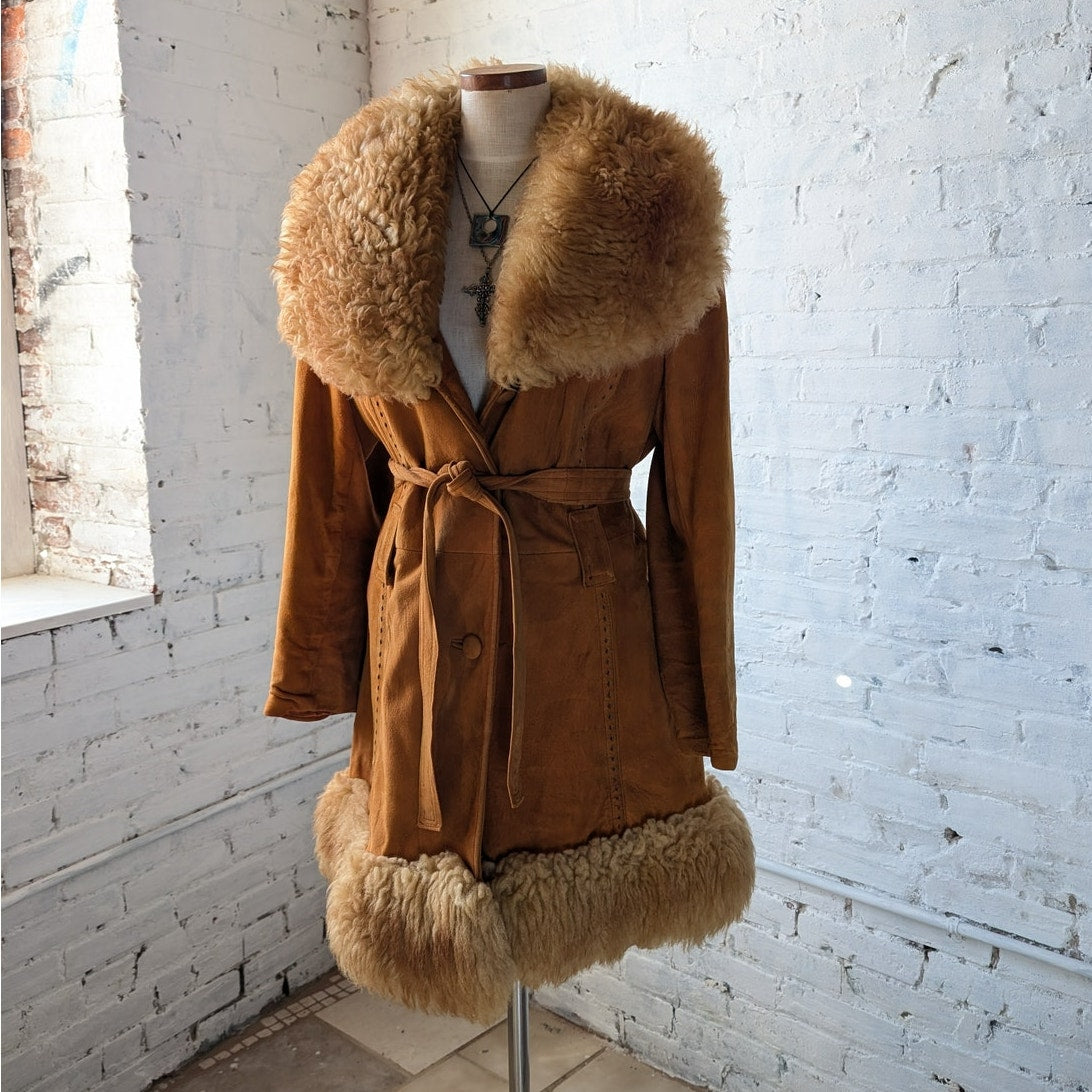 Vintage Orange Suede Penny Lane Jacket Leather Trench Coat Faux Fur Coat Large