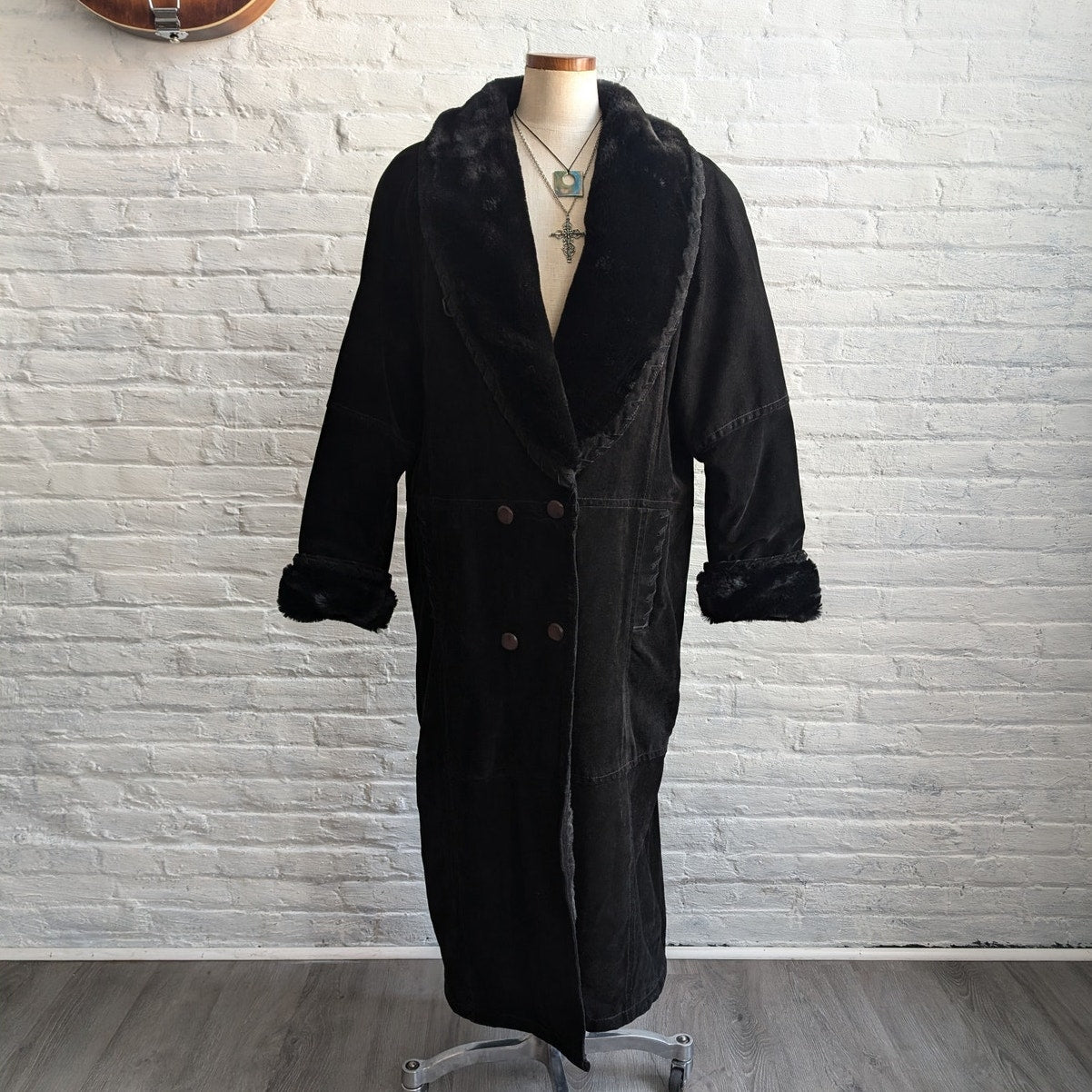 Vintage Black Suede Trench Coat Faux Fur Coat Minimalist Leather Jacket Large