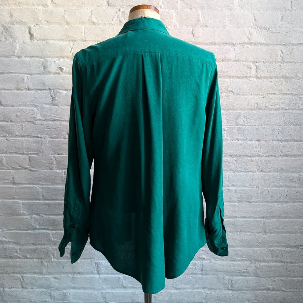 NWT Vintage Green Silk Top Button Front Blouse Earthy Hunter Sage Green Medium