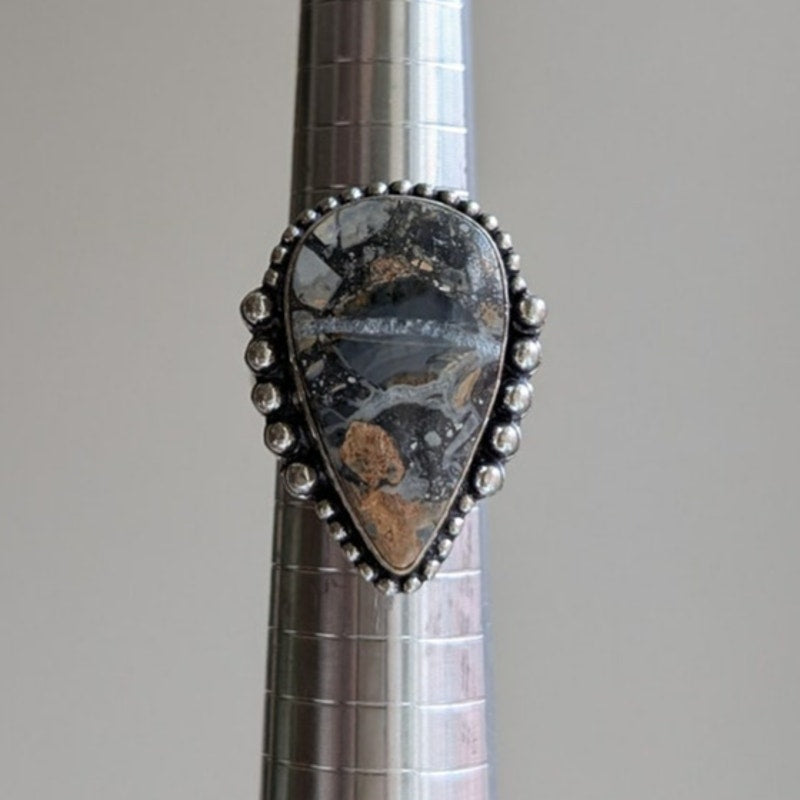 Rusty Red Grey Teardrop Sterling Silver Ring Size 6.5 Retro Vintage Boho Chic