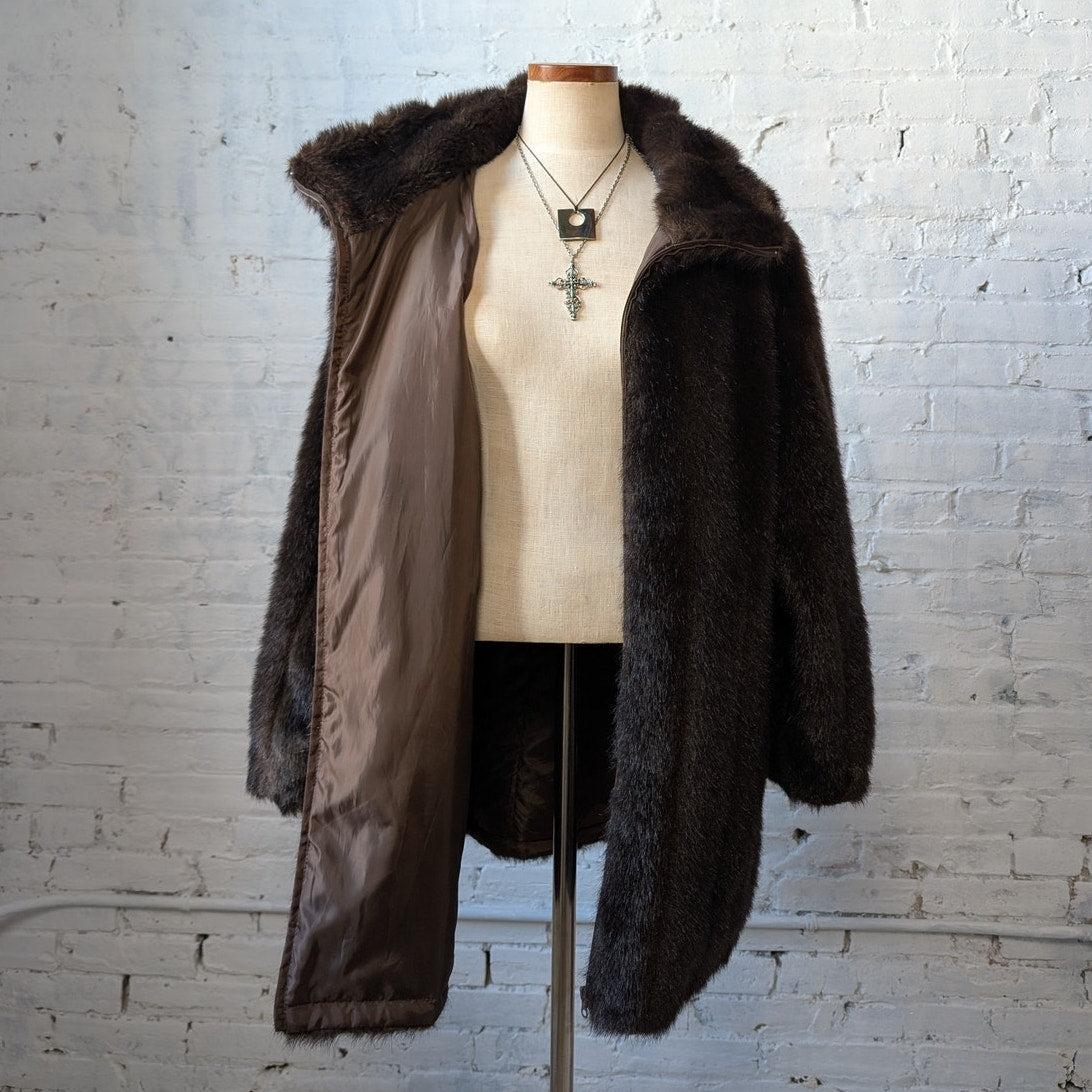 Vintage Dark Brown Faux Fur Coat Shaggy Mob Wife Grunge Minimalist Glam Jacket