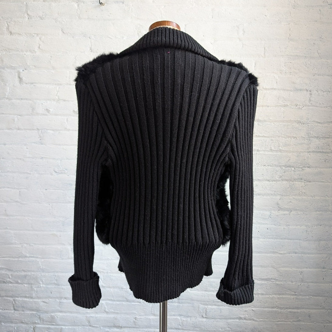 Vintage Black Genuine Rabbit Fur Sweater Stretchy Jacket Knit Faux Leather Top