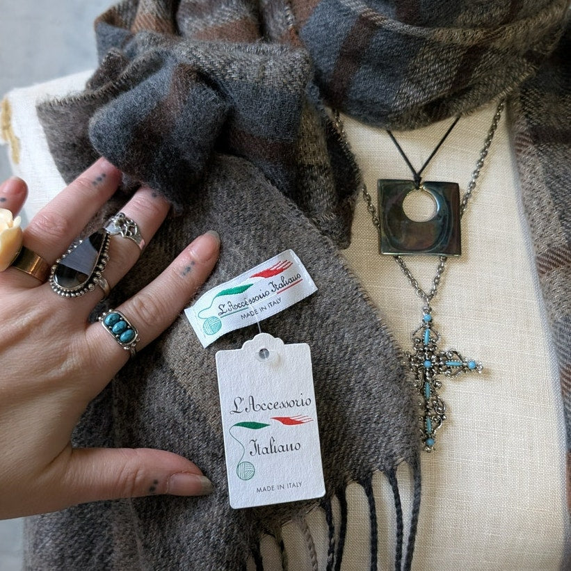 Vintage Knit Earthy Plaid Fringe Scarf Italian Striped Flannel Fuzzy Shawl Wrap