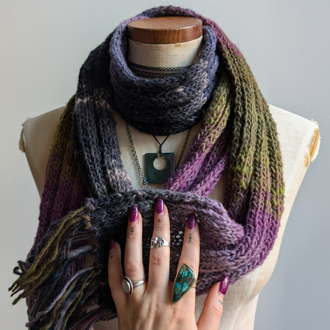 Vintage Chunky Knit Purple Green Stripe Scarf Grunge Earthy Fringe Boho Y2K Wrap