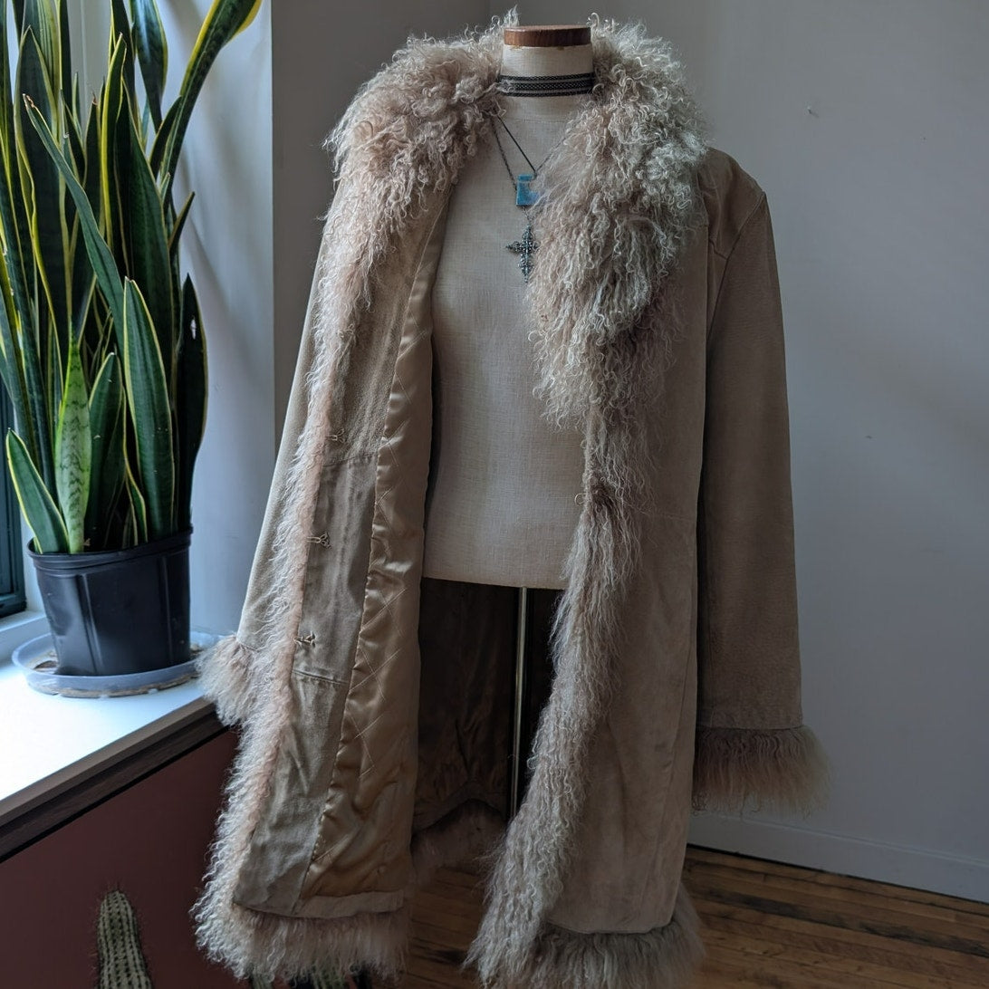 Vintage Tan Suede Penny Lane Jacket Fur Coat Groovy Leather Trench Coat Large