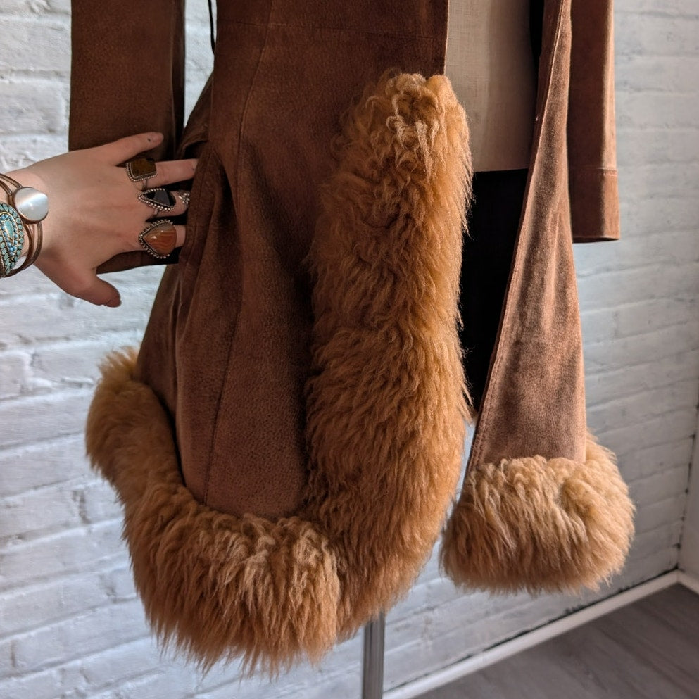Vintage Brown Suede Penny Lane Jacket Fur Furry Leather Groovy Mod Trench Coat