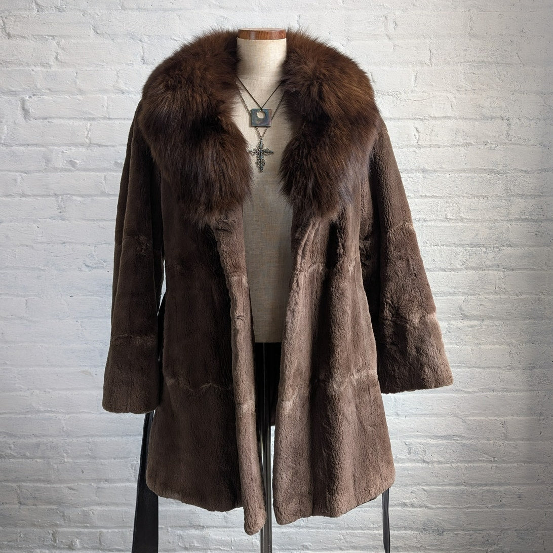 Vintage Brown Fox Fur Penny Lane Coat Mob Wife Leather Belted Furry Trench Coat